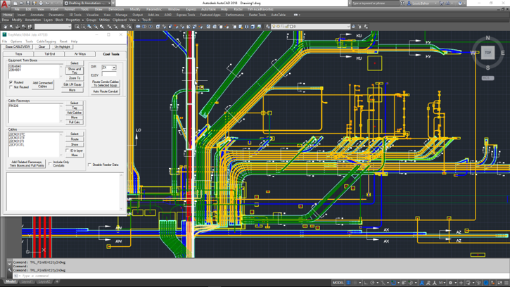 Image depicting a direct screen shot from the TrayMatic Raceway Design software showcasing placed equipment with automatically created cable tray, duct bank, and above ground conduit complete with cross sections and annotations.