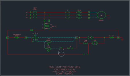 Image depicting a detailed AutoCAD block automatically generated by the Aeries CARS software suite representing the control wiring schematic of an electric pump fed from a motor control center.