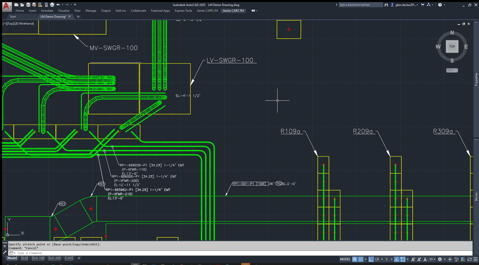 An electrical drawing created by Aeries CARS with duct bank, cable tray, conduit and annotations.